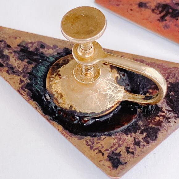 VTG MCM Enamel Copper Brooch & Earrings Set Modernist Geometric Black White - Picture 11 of 11